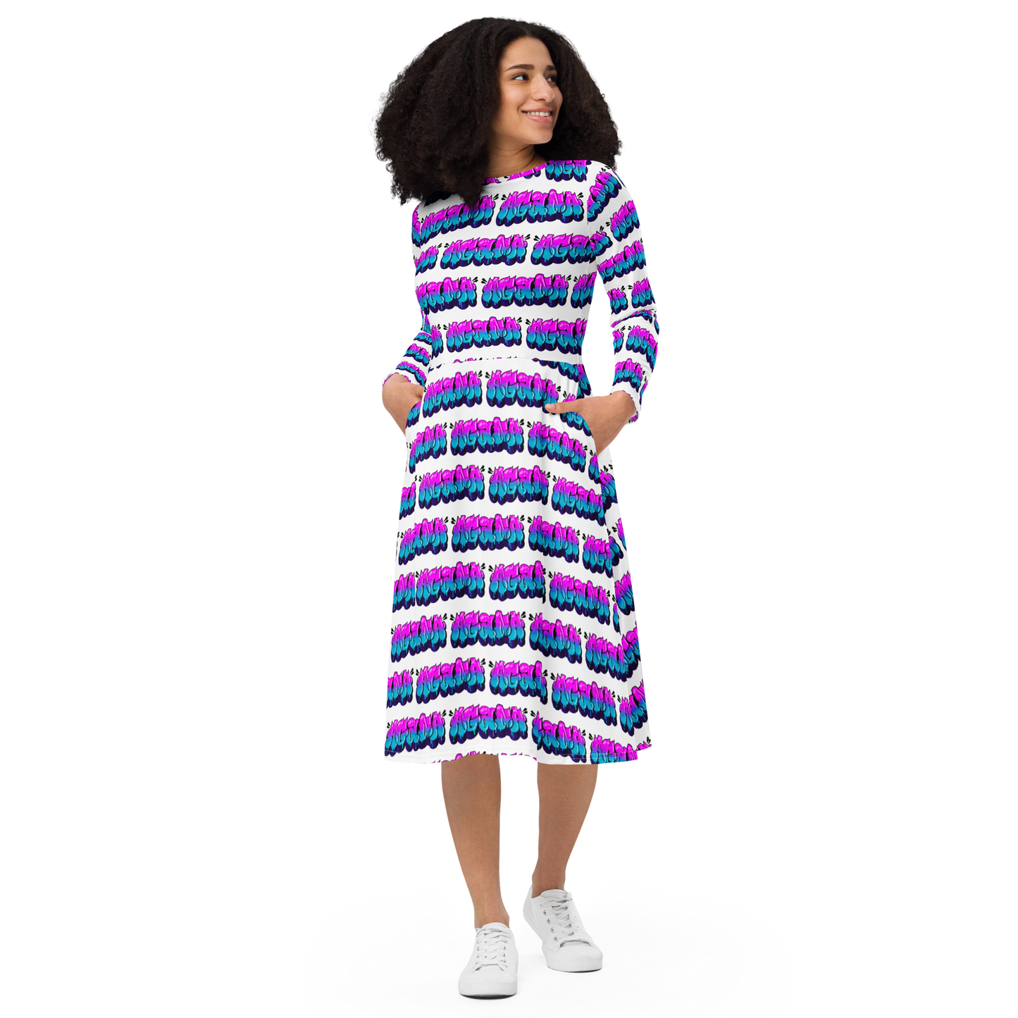 "AGANA BUBBLE DRIP" Long Sleeve Midi Dress