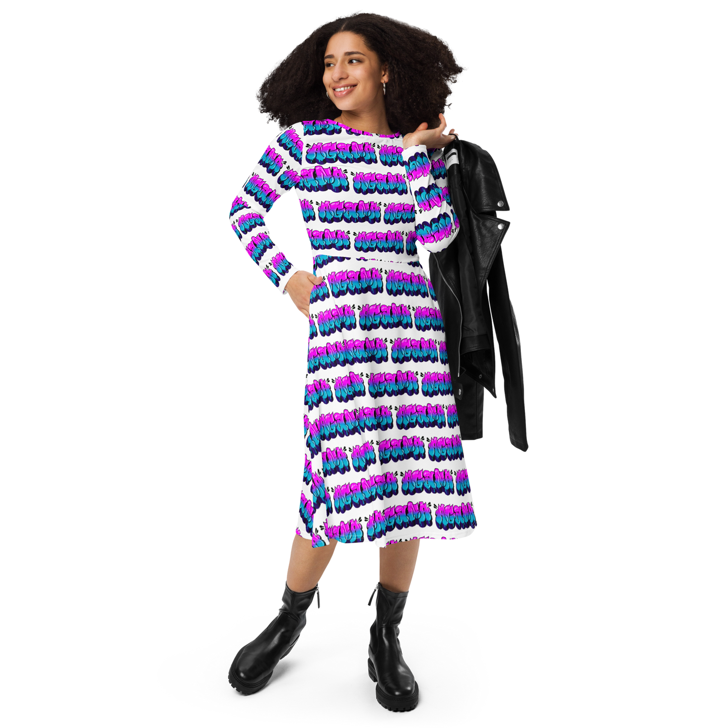 "AGANA BUBBLE DRIP" Long Sleeve Midi Dress