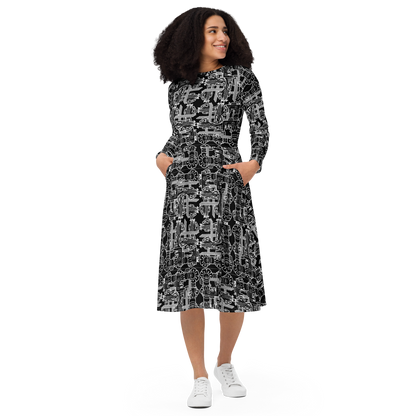 "MAIZ" Long Sleeve Midi Dress BLK