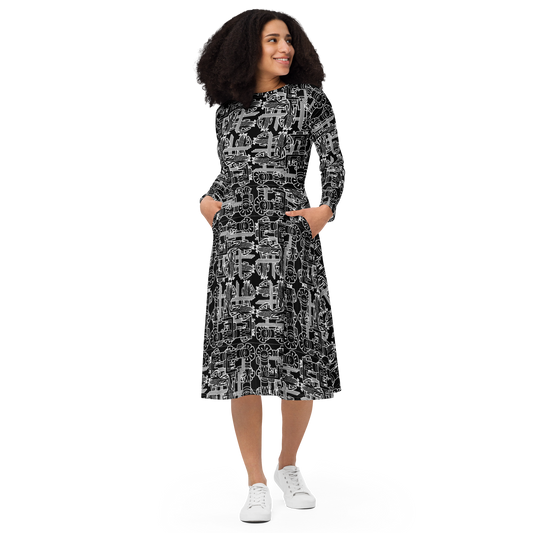 "MAIZ" Long Sleeve Midi Dress BLK