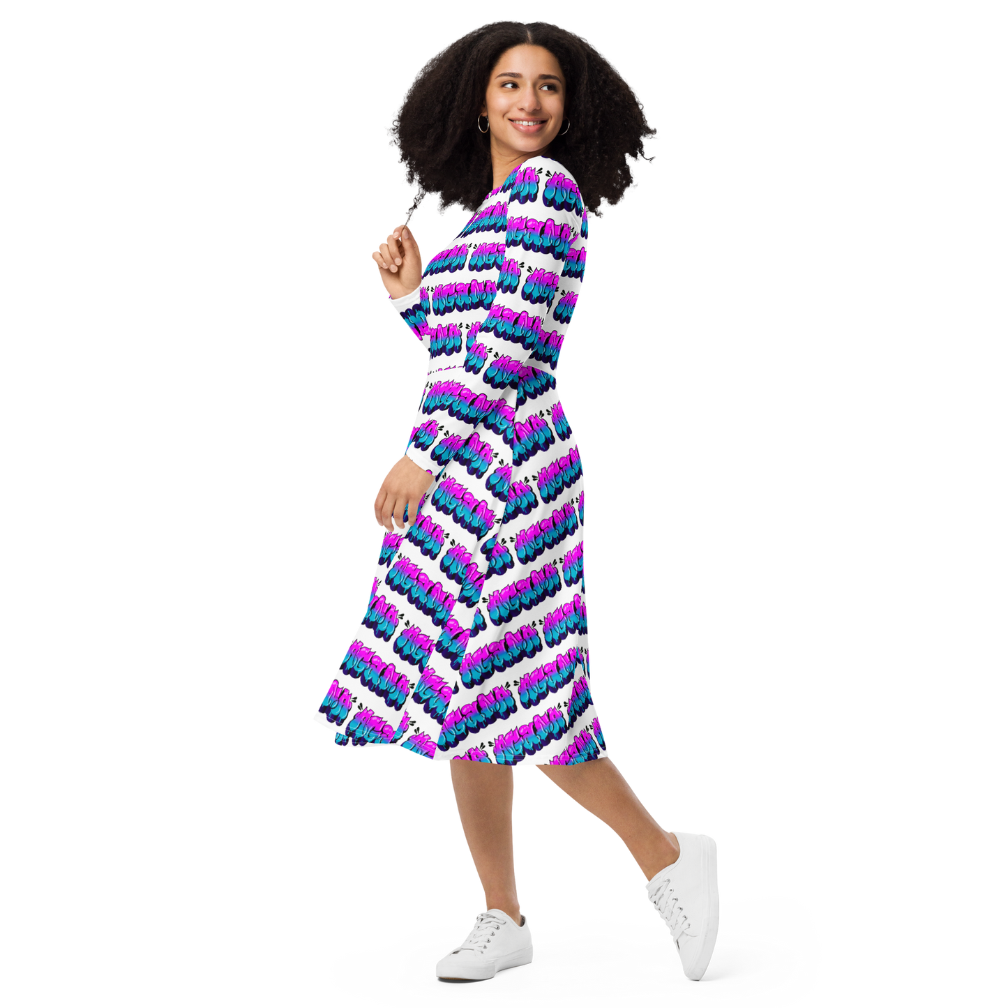 "AGANA BUBBLE DRIP" Long Sleeve Midi Dress